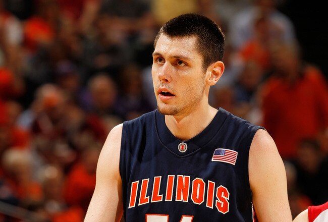 INDIANAPOLIS - MARCH 12:  Center Mike Tisdale #54 of the Illinois Fighting Illini stands on the court during the game against the Wisconsin Badgers in the quarterfinals of the Big Ten Men's Basketball Tournament at Conseco Fieldhouse on March 12, 2010 in Indianapolis, Indiana.  (Photo by Jonathan Daniel/Getty Images)
