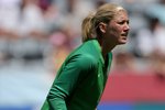 COMMERCE CITY, CO - JULY 13:  Goalkeeper Hope Solo #1 of the United States defends against Brazil at Dick's Sporting Goods Park on July 13, 2008 in Commerce City, Colorado. The United States defeated Brazil 1-0.  (Photo by Doug Pensinger/Getty Images)