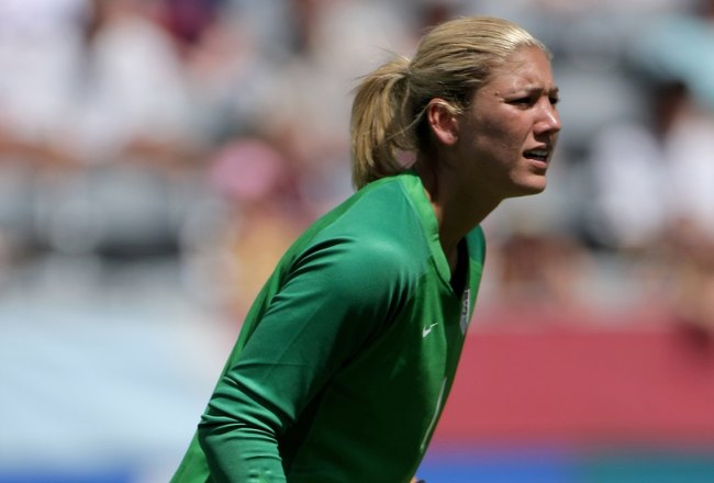 COMMERCE CITY, CO - JULY 13:  Goalkeeper Hope Solo #1 of the United States defends against Brazil at Dick's Sporting Goods Park on July 13, 2008 in Commerce City, Colorado. The United States defeated Brazil 1-0.  (Photo by Doug Pensinger/Getty Images)