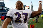 FOXBORO, MA - JANUARY 10:  Ray Rice #27 of the Baltimore Ravens celebrates as he walks off of the field after their 33-14 win against the New England Patriots during the 2010 AFC wild-card playoff game at Gillette Stadium on January 10, 2010 in Foxboro, Massachusetts.  (Photo by Elsa/Getty Images)