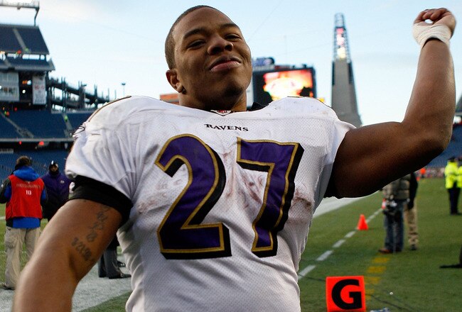 FOXBORO, MA - JANUARY 10:  Ray Rice #27 of the Baltimore Ravens celebrates as he walks off of the field after their 33-14 win against the New England Patriots during the 2010 AFC wild-card playoff game at Gillette Stadium on January 10, 2010 in Foxboro, Massachusetts.  (Photo by Elsa/Getty Images)