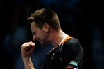 LONDON, ENGLAND - NOVEMBER 23:  Robin Soderling of Sweden celebrates the match during the men's singles first round match against Rafael Nadal of Spain during the Barclays ATP World Tour Finals at the O2 Arena on November 23, 2009 in London, England.  (Photo by Julian Finney/Getty Images)