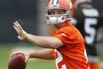 BEREA, OH - MAY 01:  Colt McCoy #12 of the Cleveland Browns gets ready to throw a pass during rookie mini camp at the Cleveland Browns Training and Administrative Complex on May 1, 2010 in Berea, Ohio.  (Photo by Gregory Shamus/Getty Images)