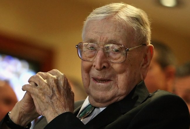 ANAHEIM, CA - DECEMBER 13:  Former UCLA college basketball coach John Wooden looks on during the John R. Wooden Classic match between the UCLA Bruins and the De Paul Blue Demons at Honda Center on December 13, 2008 in Anaheim, California.  (Photo by Christian Petersen/Getty Images)