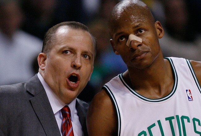 BOSTON - JANUARY 11:  Associate head coach Tom Thibodeau of the Boston Celtics talks with Ray Allen #20 during a break in play against the Atlanta Hawks at the TD Garden on January 11, 2010 in Boston, Massachusetts. The Hawks defeated the Celtics 102-96. NOTE TO USER: User expressly acknowledges and agrees that, by downloading and or using this photograph, User is consenting to the terms and conditions of the Getty Images License Agreement.  (Photo by Elsa/Getty Images)