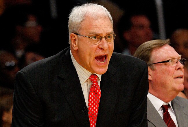 LOS ANGELES, CA - JUNE 03:  Head coach Phil Jackson of the Los Angeles Lakers reacts in the first quarter of Game One of the 2010 NBA Finals against the Boston Celtics at Staples Center on June 3, 2010 in Los Angeles, California.  NOTE TO USER: User expressly acknowledges and agrees that, by downloading and/or using this Photograph, user is consenting to the terms and conditions of the Getty Images License Agreement  (Photo by Ronald Martinez/Getty Images)