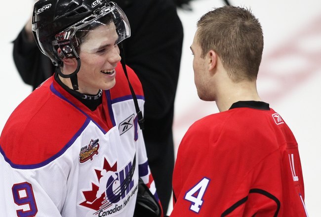 WINDSOR, ON - JANUARY 20:  Taylor Hall #4 of Team Cherry shakes hands with Tyler Seguin #9 of Team Orr after the  Home Hardware CHL/NHL Top Prospects game on January 20, 2010 at the WFCU Centre in Windsor, Ontario. Team Cherry defeated Team Orr 4-2. (Photo by Claus Andersen/Getty Images)
