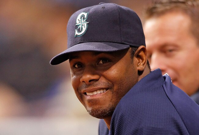 ST PETERSBURG, FL - MAY 14:  Outfielder Ken Griffey Jr. #24 of the Seattle Mariners watches his team against the Tampa Bay Rays during the game at Tropicana Field on May 14, 2010 in St. Petersburg, Florida.  (Photo by J. Meric/Getty Images)