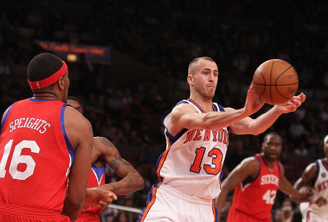 NEW YORK - MARCH 19: Sergio Rodriguez #13 of the New York Knicks passes the ball against the Philadelphia 76ers at Madison Square Garden on March 19, 2010 in New York City. NOTE TO USER: User expressly acknowledges and agrees that, by downloading and or using this photograph, User is consenting to the terms and conditions of the Getty Images License Agreement.  (Photo by Nick Laham/Getty Images)
