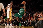 LOS ANGELES, CA - JUNE 06:  Rajon Rondo #9 of the Boston Celtics tries to save the ball from going out of bounds while under pressure from Kobe Bryant #24 of the Los Angeles Lakers in Game Two of the 2010 NBA Finals at Staples Center on June 6, 2010 in Los Angeles, California. NOTE TO USER: User expressly acknowledges and agrees that, by downloading and/or using this Photograph, user is consenting to the terms and conditions of the Getty Images License Agreement  (Photo by Christian Petersen/Getty Images)