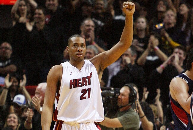 MIAMI - APRIL 25:  Jamaal Magloire #21 of the Miami Heat celebrates after the Heat take a 21 point lead at half-time against the Atlanta Hawks during Game Three of the Eastern Conference Quarterfinals at American Airlines Arena on April 25, 2009 in Miami, Florida. NOTE TO USER: User expressly acknowledges and agrees that, by downloading and/or using this Photograph, user is consenting to the terms and conditions of the Getty Images License Agreement.  (Photo by Doug Benc/Getty Images)