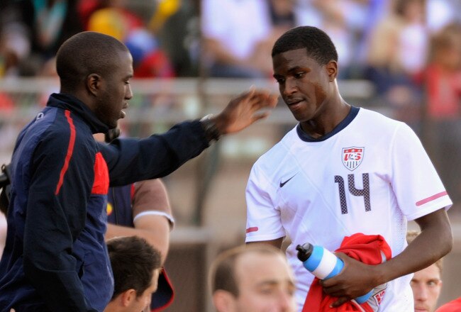 ROODEPOORT, SOUTH AFRICA - JUNE 05:  Jozy Altidore (L) of USA congratulates Edson Buddle #14 during the 2010 FIFA World Cup Pre-Tournament match between the Australian Socceroos and the United States of America at Ruimsig Stadium on June 5, 2010 in Roodepoort, South Africa.  (Photo by Kevork Djansezian/Getty Images)