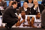INDIANAPOLIS - APRIL 03:  Head coach Tom Izzo of the Michigan State Spartans talks with Raymar Morgan #2 from the sideline while taking on the Butler Bulldogs during the National Semifinal game of the 2010 NCAA Division I Men's Basketball Championship on April 3, 2010 in Indianapolis, Indiana.  (Photo by Kevin C. Cox/Getty Images)