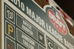SECAUCUS, NJ - JUNE 07:  A detailed view of the first overall pick of the Washington Nationals Bryce Harper on the draft board during the MLB First Year Player Draft on June 7, 2010 held in Studio 42 at the MLB Network in Secaucus, New Jersey.  (Photo by Mike Stobe/Getty Images)