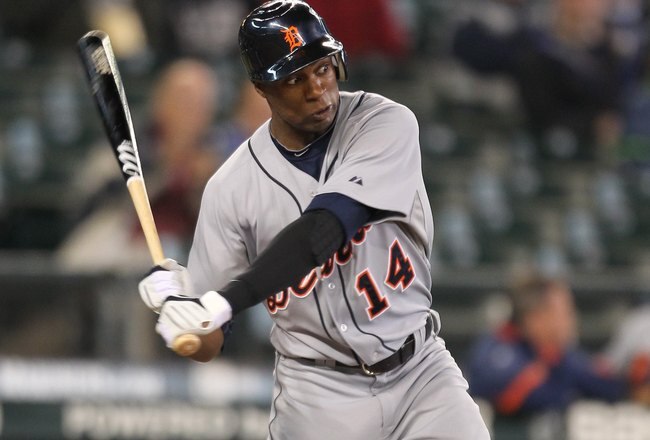 SEATTLE - MAY 26:  Austin Jackson #14 of the Detroit Tigers bats against the Seattle Mariners at Safeco Field on May 26, 2010 in Seattle, Washington. (Photo by Otto Greule Jr/Getty Images)