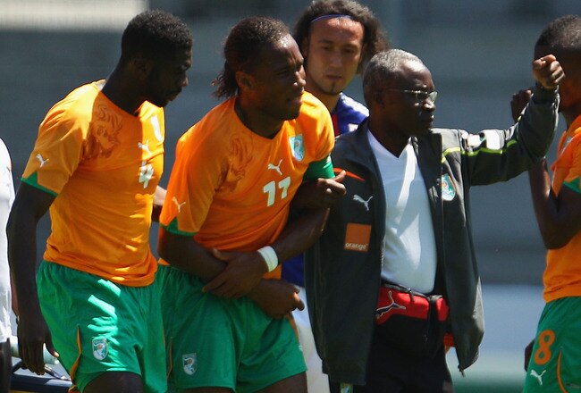 SION, SWITZERLAND - JUNE 04:  Didier Drogba of the Ivory Coast leaves the field after injuring his arm during the Japan v Ivory Coast International Friendly match at Stade de Toubillon on June 4, 2010 in Sion, Switzerland.  (Photo by Mark Kolbe/Getty Images)