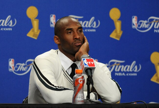 LOS ANGELES, CA - JUNE 06:  Kobe Bryant #24 of the Los Angeles Lakers reacts as he anwers questions from the media durinng the post game press conference after the Lakers lost 103-94 against the Boston Celtics in Game Two of the 2010 NBA Finals at Staples Center on June 6, 2010 in Los Angeles, California. NOTE TO USER: User expressly acknowledges and agrees that, by downloading and/or using this Photograph, user is consenting to the terms and conditions of the Getty Images License Agreement  (Photo by Lisa Blumenfeld/Getty Images)