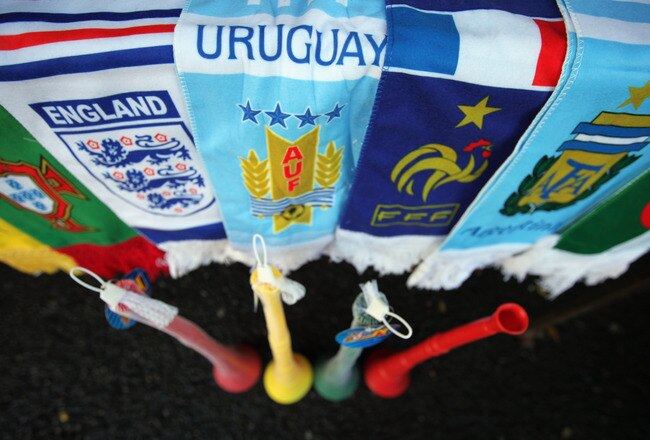CAPE TOWN, SOUTH AFRICA - JUNE 08:  Vuvuzelas are displayed on a market stall in central Cape Town on June 8, 2010 in Cape Town, South Africa. The first World Cup ever held in Africa is due to begin in less than a week and the Vuvuzela has been causing controversy with some calling for the instrument to be banned.  (Photo by Dan Kitwood/Getty Images)