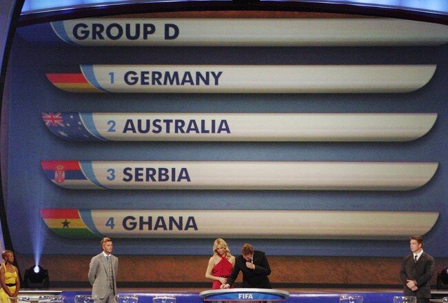 CAPE TOWN, SOUTH AFRICA - DECEMBER 4:  In this handout photo provided by the 2010 FIFA World Cup Organising Committee, Group D, showing Germany, Australia, Serbia and Ghana, during the 2010 Soccer World Cup Final Draw at the CTICC on December 4, 2009 in Cape Town, South Africa. (Photo by 2010 FIFA World Cup Organising Committee South Africa)