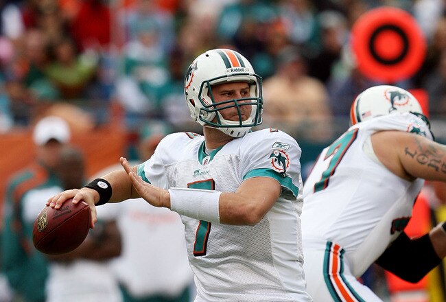 MIAMI - JANUARY 03:  Quarterback Chad Henne #7 of the Miami Dolphins throws a pass against the Pittsburgh Steelers at Land Shark Stadium on January 3, 2010 in Miami, Florida.  (Photo by Doug Benc/Getty Images)