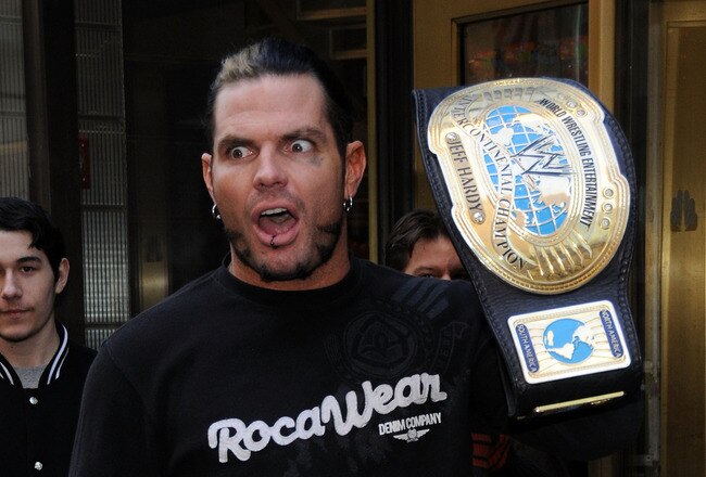 NEW YORK - DECEMBER 18:  Wrestler Jeff Hardy arrives at the WWE and USA Network help U.S Marine Corp Toys for Tots Foundation event at the NBC Experience store on December 18, 2007 in New York City.  (Photo by Bryan Bedder/Getty Images)