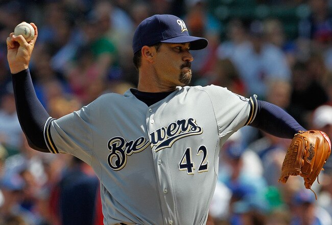 CHICAGO - APRIL 15: Starting pitcher Jeff Suppan of the Milwaukee Brewers, wearing a number 42 jersey in honor of Jackie Robinson, delivers the ball against the Chicago Cubs at Wrigley Field on April 15, 2010 in Chicago, Illinois. (Photo by Jonathan Daniel/Getty Images)