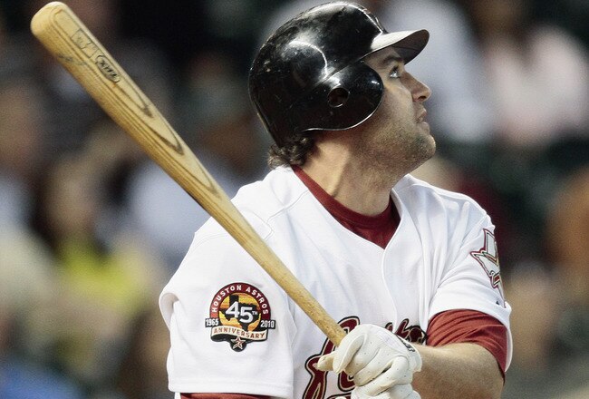 HOUSTON - JUNE 03:  Lance Berkman #17 of the Houston Astros hits a home run to left field in the third inning against the Washington Nationals at Minute Maid Park on June 3, 2010 in Houston, Texas.  (Photo by Bob Levey/Getty Images)