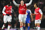 LONDON - FEBRUARY 11:  Philippe Senderos (C) of Arsenal celebrates opening the scoring during the Barclays Premier League match between Arsenal and Blackburn Rovers at the Emirates Stadium on February 11, 2008 in London, England.  (Photo by Clive Mason/Getty Images)