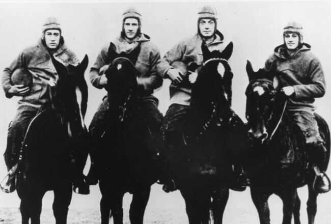 The Four Horsemen of Notre Dame, (L-R) quarterback Harry Stuhldreher, fullback Elmer Leyden, left halfback Jim Crowley, and right hafback Don Miller. George Strickler, Knute Rockne's student publicity aide posed the four players, dressed in their uniforms, on the backs of four horses from a livery stable in town. (Photo by Notre Dame University/Getty Images) *** Local Caption ***