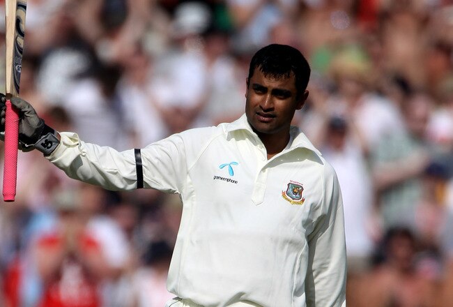 MANCHESTER, ENGLAND - JUNE 05:  Tamim Iqbal of Bangladesh celebrates his 100 on day two of the 2nd npower Test between England and Bangladesh at Old Trafford on June 5, 2010 in Manchester, England.  (Photo by Julian Herbert/Getty Images)