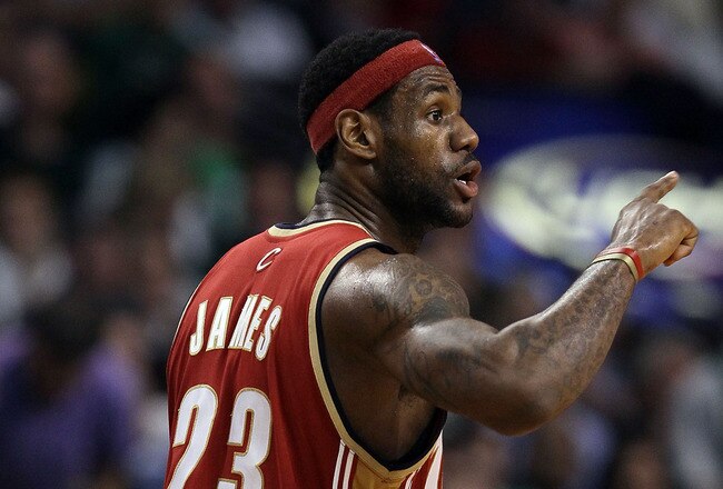BOSTON - MAY 13:  LeBron James #23 of the Cleveland Cavaliers directs his teammates in the second quarter against the Boston Celtics during Game Six of the Eastern Conference Semifinals of the 2010 NBA playoffs at TD Garden on May 13, 2010 in Boston, Massachusetts.  NOTE TO USER: User Expressly Acknowledges and agrees that, by downloading and or using this photograph, User is consenting to the terms and conditions of the Getty Images License Agreement.  (Photo by Elsa/Getty Images)