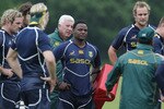 CARDIFF, WALES - JUNE 01:  Springboks Chiliboy Ralepelle (C) listens with his team mates at a training session at the University of Glamorgan playing fields on June 1, 2010 in Cardiff, Wales.  (Photo by Matt Cardy/Getty Images)
