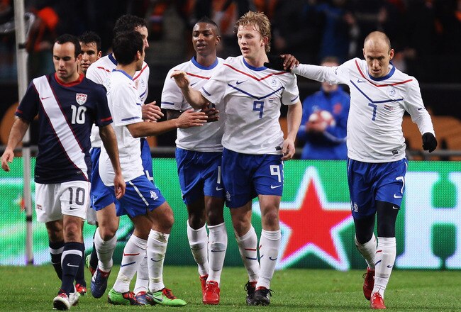 AMSTERDAM, NETHERLANDS - MARCH 03:  Dirk Kuyt of the Netherland celebrates scoring a goal during the International Friendly between Netherlands and USA at the Amsterdam Arena on March 3, 2010 in Amsterdam, Netherlands.  (Photo by Ian Walton/Getty Images)