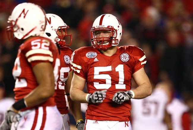 SAN DIEGO - DECEMBER 30:  Will Compton #51 of the University of Nebraska Cornhuskers looks on during the Pacific Life Holiday Bowl against University of Arizona Wildcats on December 30, 2009 at Qualcomm Stadium in San Diego, California. The Cornhuskers defeated the Wildcats 33-0. (Photo By Donald Miralle/Getty Images)