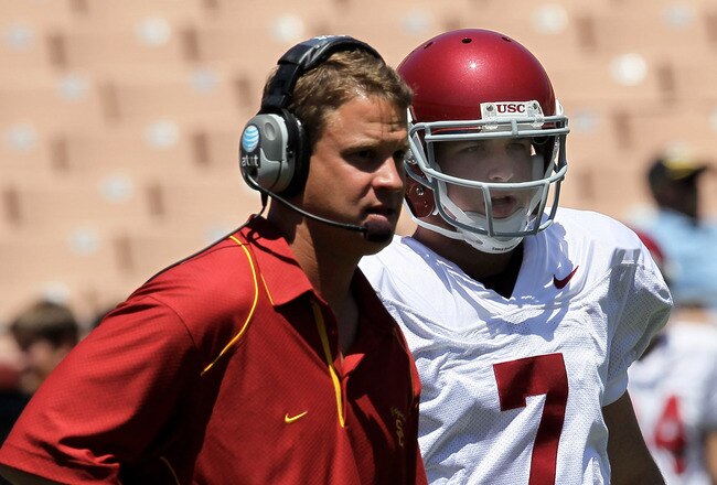 LOS ANGELES, CA - MAY 01:  Head coach Lane Kiffin talks with quarterback Matt Barkley #7 during the  USC Trojans spring game on  May 1, 2010 at the Los Angeles Memorial Coliseum in Los Angeles, California.  (Photo by Stephen Dunn/Getty Images)