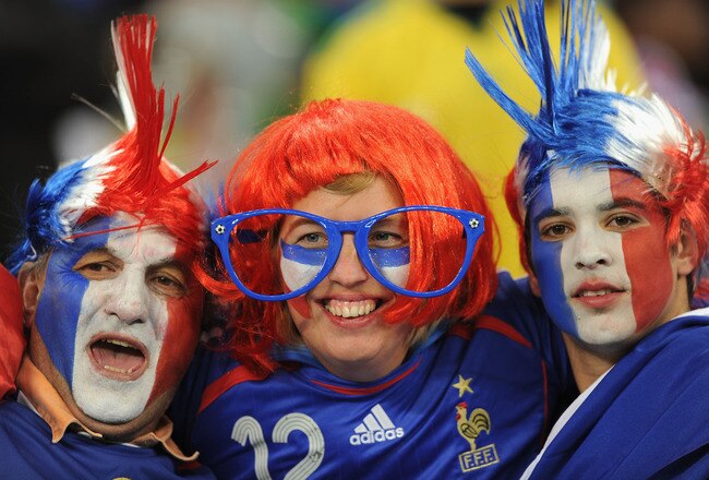 CAPE TOWN, SOUTH AFRICA - JUNE 11:  French fans shows their support during the 2010 FIFA World Cup South Africa Group A match between Uruguay and France at Green Point Stadium on June 11, 2010 in Cape Town, South Africa.  (Photo by Laurence Griffiths/Getty Images)
