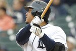 DETROIT - MAY 13: Miguel Cabrera #24 of the Detroit Tigers hits a solo home run in the fourth inning off of CC Sabathia #52 of the New York Yankees to give the Tigers a 2-0 lead on May 13, 2010 at Comerica Park in Detroit, Michigan.  (Photo by Leon Halip/Getty Images)
