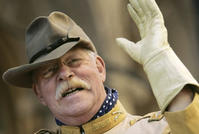 SAN FRANCISCO - APRIL 18:  Richard K. Pierce takes part in a parade down Market Street to commemorate the 100th Anniversary of the 1906 earthquake on April 18, 2006 in San Francisco, California. He is dressed in costume as Teddy Roosevelt as a Rough Rider in the Spanish-American War, because Roosevelt was president at the time of the earthquake. The magnitude 7.8 earthquake, which struck at 5:12 a.m. that killed more then 3,000 people and left 225,000 people homeless, was remembered with a moment of silence, a wreath laying and short interviews with the survivors.  (Photo by David Paul Morris/Getty Images)