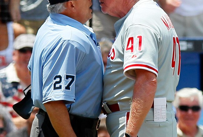ATLANTA - MAY 31:  Manager Charlie Manuel #41 of the Philadelphia Phillies yells at homeplate umpire Larry Vanover #27 after being ejected in the third inning against the Atlanta Braves at Turner Field on May 31, 2010 in Atlanta, Georgia.  (Photo by Kevin C. Cox/Getty Images)
