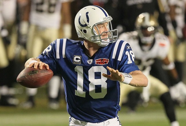 MIAMI GARDENS, FL - FEBRUARY 07:  Peyton Manning #18 of the Indianapolis Colts passes against the New Orleans Saints during Super Bowl XLIV on February 7, 2010 at Sun Life Stadium in Miami Gardens, Florida.  (Photo by Jed Jacobsohn/Getty Images)