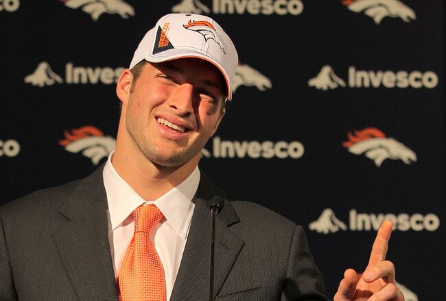 ENGLEWOOD, CO - APRIL 23:  Tim Tebow is introduced by the Denver Broncos at a press conference at the Broncos Headquarters in Dove Valley on April 23, 2010 in Englewood, Colorado. The Broncos picked Tebow in the first round of the 2010 NFL draft.  (Photo by Doug Pensinger/Getty Images)