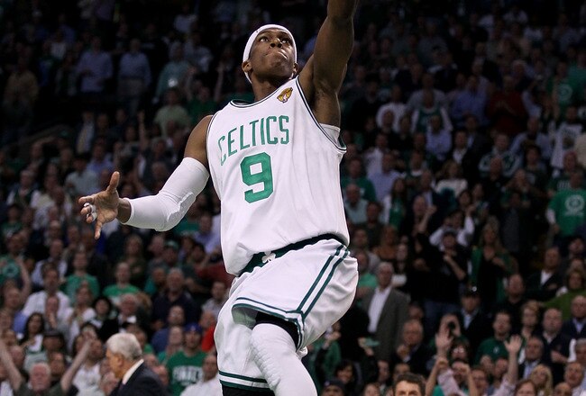 BOSTON - JUNE 10:  Rajon Rondo #9 of the Boston Celtics lays the ball up during Game Four of the 2010 NBA Finals against the Los Angeles Lakers on June 10, 2010 at TD Garden in Boston, Massachusetts. NOTE TO USER: User expressly acknowledges and agrees that, by downloading and/or using this Photograph, user is consenting to the terms and conditions of the Getty Images License Agreement.  (Photo by Elsa/Getty Images)