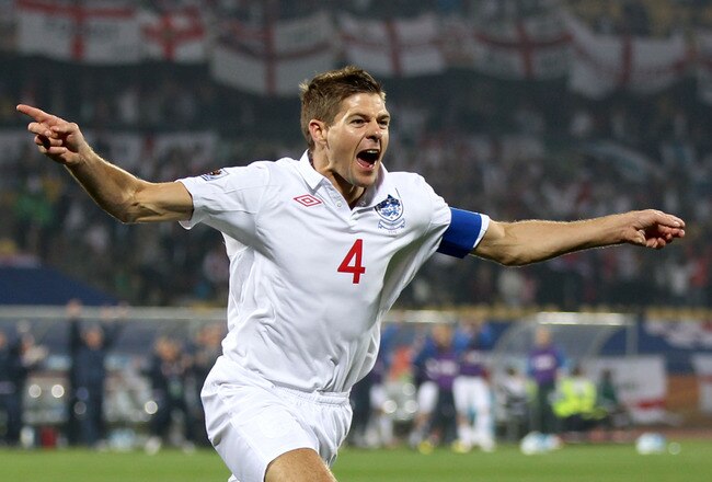 RUSTENBURG, SOUTH AFRICA - JUNE 12:  Steven Gerrard of England celebrates scoring the first goal during the 2010 FIFA World Cup South Africa Group C match between England and USA at the Royal Bafokeng Stadium on June 12, 2010 in Rustenburg, South Africa.  (Photo by Phil Cole/Getty Images)