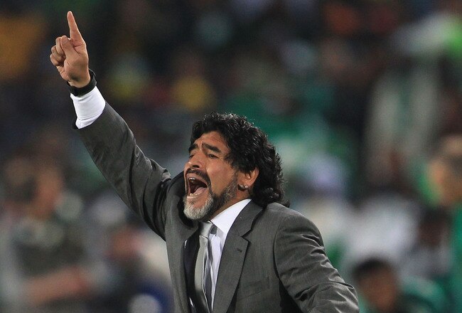 JOHANNESBURG, SOUTH AFRICA - JUNE 12:  Diego Maradona head coach of Argentina questions a decision during the 2010 FIFA World Cup South Africa Group B match between Argentina and Nigeria at Ellis Park Stadium on June 12, 2010 in Johannesburg, South Africa.  (Photo by David Cannon/Getty Images)