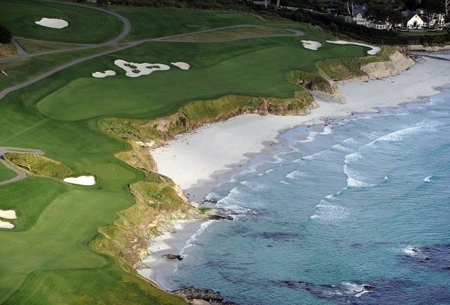 PEBBLE BEACH, CA - MAY 09:  Aerial view of the 10th hole at the Pebble Beach Golf Links on May 9, 2010 in Pebble Beach, California.  (Photo by Harry How/Getty Images)