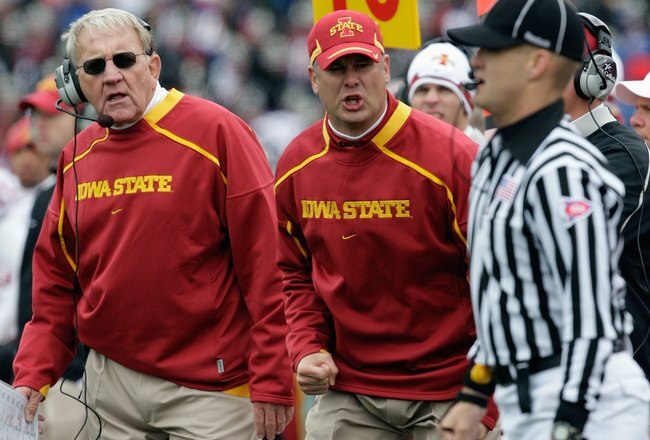 LAWRENCE, KS - OCTOBER 10:  Defensive Coordinator/Linebackers coach Wally Burnham and Head Coach Paul Rhoads of the Iowa State Cyclones argue a call during the game against the Kansas Jayhawks on October 10, 2009 at Memorial Stadium in Lawrence, Kansas. (Photo by Jamie Squire/Getty Images)
