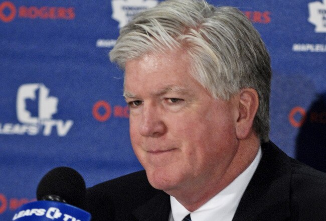 TORONTO - NOVEMBER 29:   Brian Burke speaks to the media after being named President and General Manger of the Toronto Maple Leafs November 29, 2008 at the Air Canada Centre in Toronto, Ontario, Canada. (Photo by Brad White/Getty Images)