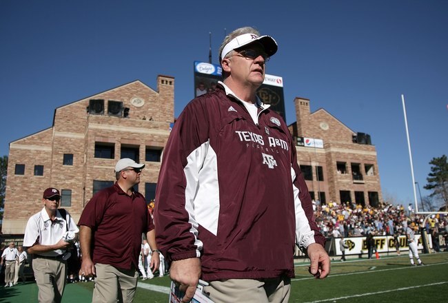BOULDER, CO - NOVEMBER 07:  Head coach Mike Sherman of the Texas A&M Aggies enters the field for the second half as he leads his team against the Colorado Buffaloes during NCAA college football action at Folsom Field on November 7, 2009 in Boulder, Colorado. Colorado defeated Texas A&M 35-34.  (Photo by Doug Pensinger/Getty Images)