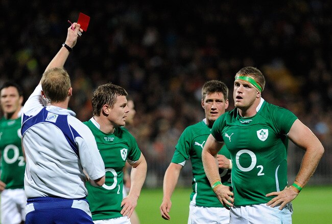 NEW PLYMOUTH, NEW ZEALAND - JUNE 12:  Referee Wayne Barnes of England shows a red card to Jamie Heaslip of Ireland during an International rugby test match between the New Zealand All Blacks and Ireland at Yarrow Stadium on June 12, 2010 in New Plymouth, New Zealand.  (Photo by Ross Land/Getty Images)