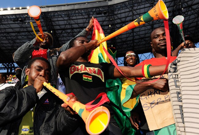 PRETORIA, SOUTH AFRICA - JUNE 13:  Ghana fans blow vuvuzelas prior to the 2010 FIFA World Cup South Africa Group D match between Serbia and Ghana at Loftus Versfeld Stadium on June 13, 2010 in Pretoria, South Africa.  (Photo by Stuart Franklin/Getty Images)